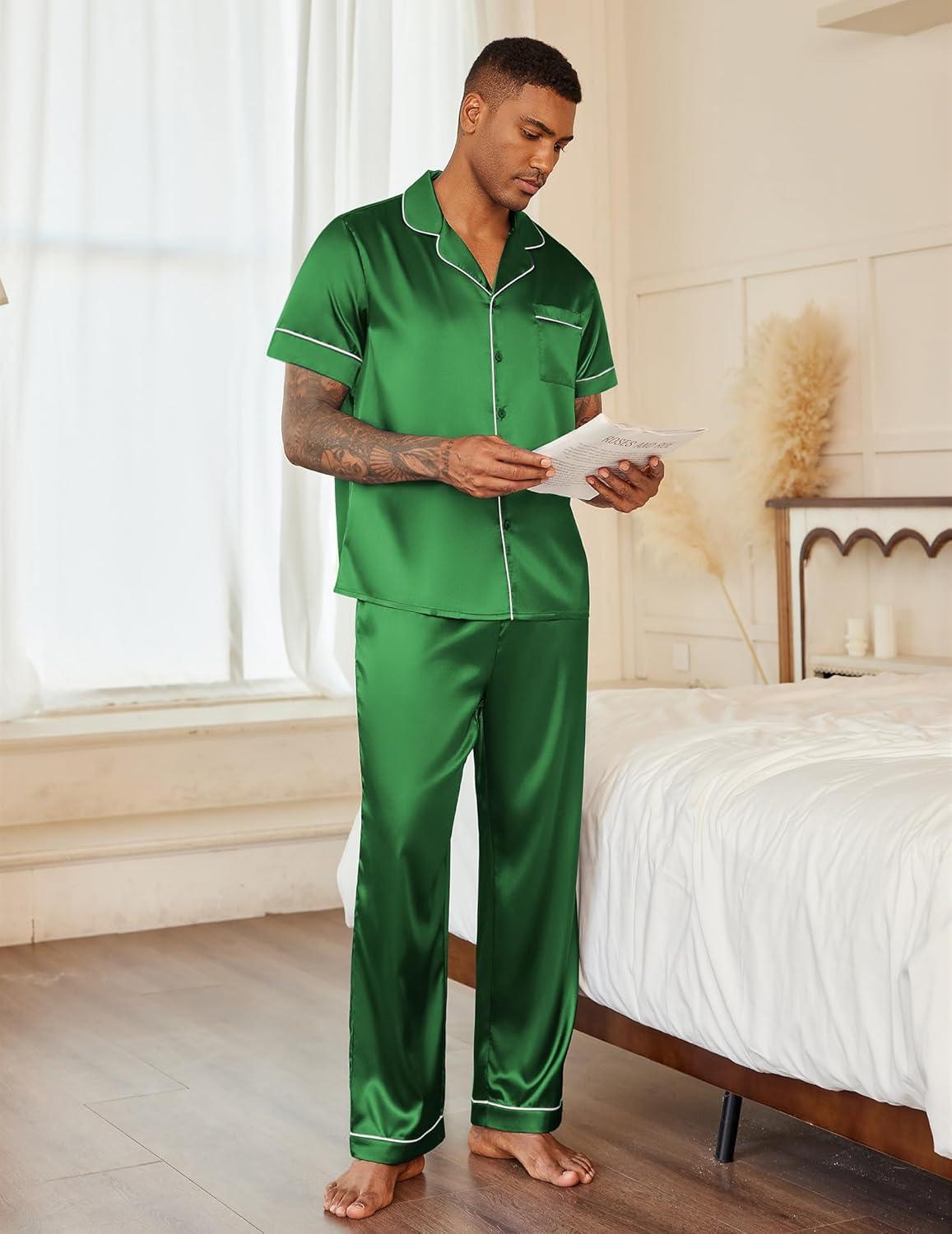 imageEkouaer Mens Satin Pajama Set Short Sleeve Button Down Sleepwear Classic Loungewear Set with Long PantsGreen