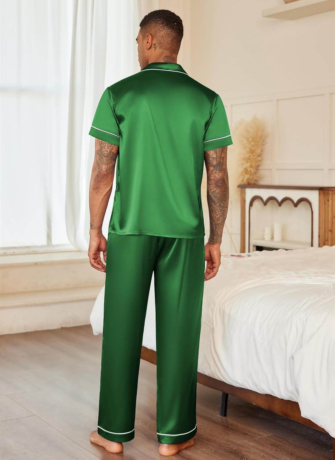 imageEkouaer Mens Satin Pajama Set Short Sleeve Button Down Sleepwear Classic Loungewear Set with Long PantsGreen