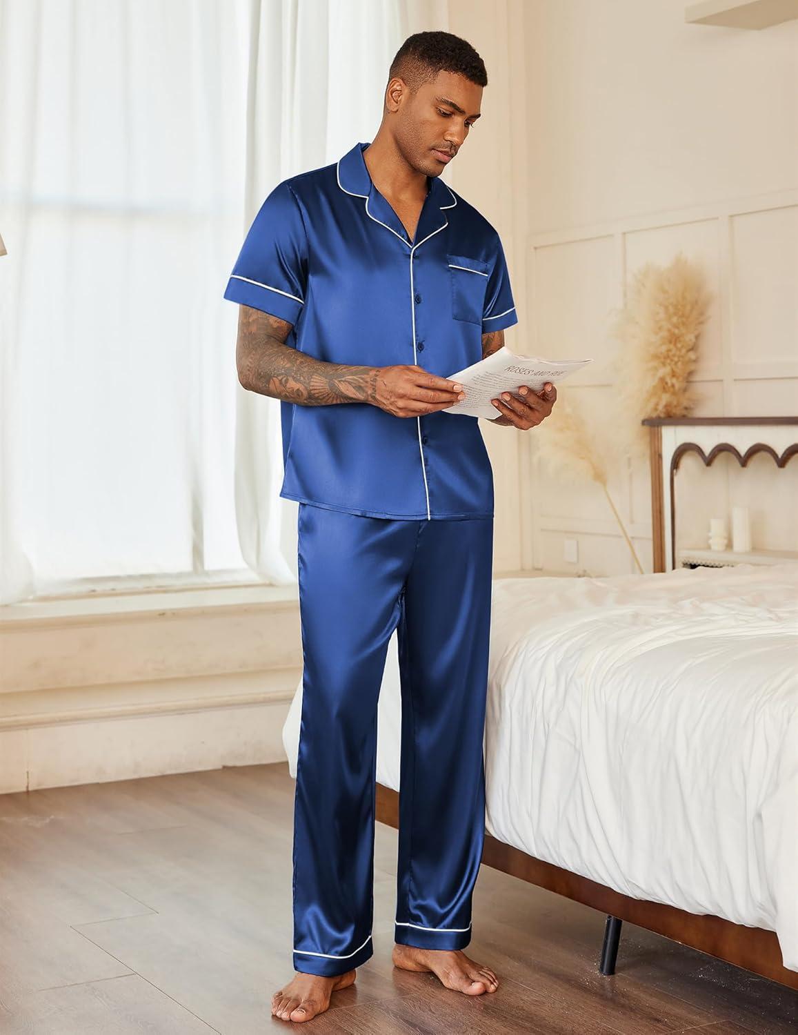 imageEkouaer Mens Satin Pajama Set Short Sleeve Button Down Sleepwear Classic Loungewear Set with Long PantsNavy Blue