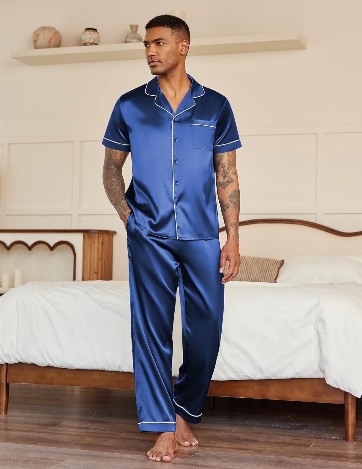 imageEkouaer Mens Satin Pajama Set Short Sleeve Button Down Sleepwear Classic Loungewear Set with Long PantsNavy Blue