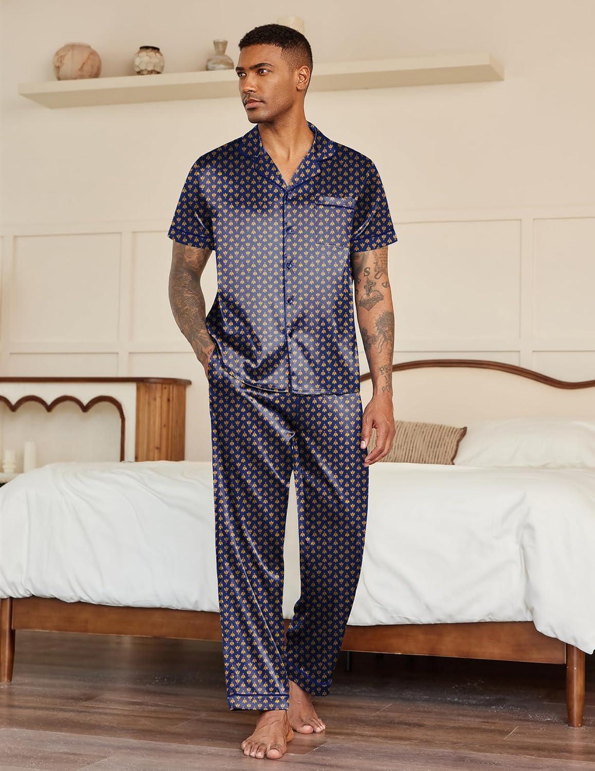 imageEkouaer Mens Satin Pajama Set Short Sleeve Button Down Sleepwear Classic Loungewear Set with Long PantsNavy Gold