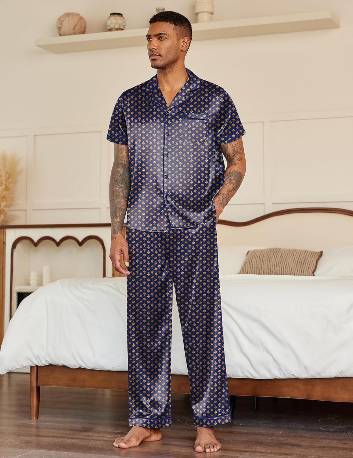 imageEkouaer Mens Satin Pajama Set Short Sleeve Button Down Sleepwear Classic Loungewear Set with Long PantsNavy Gold