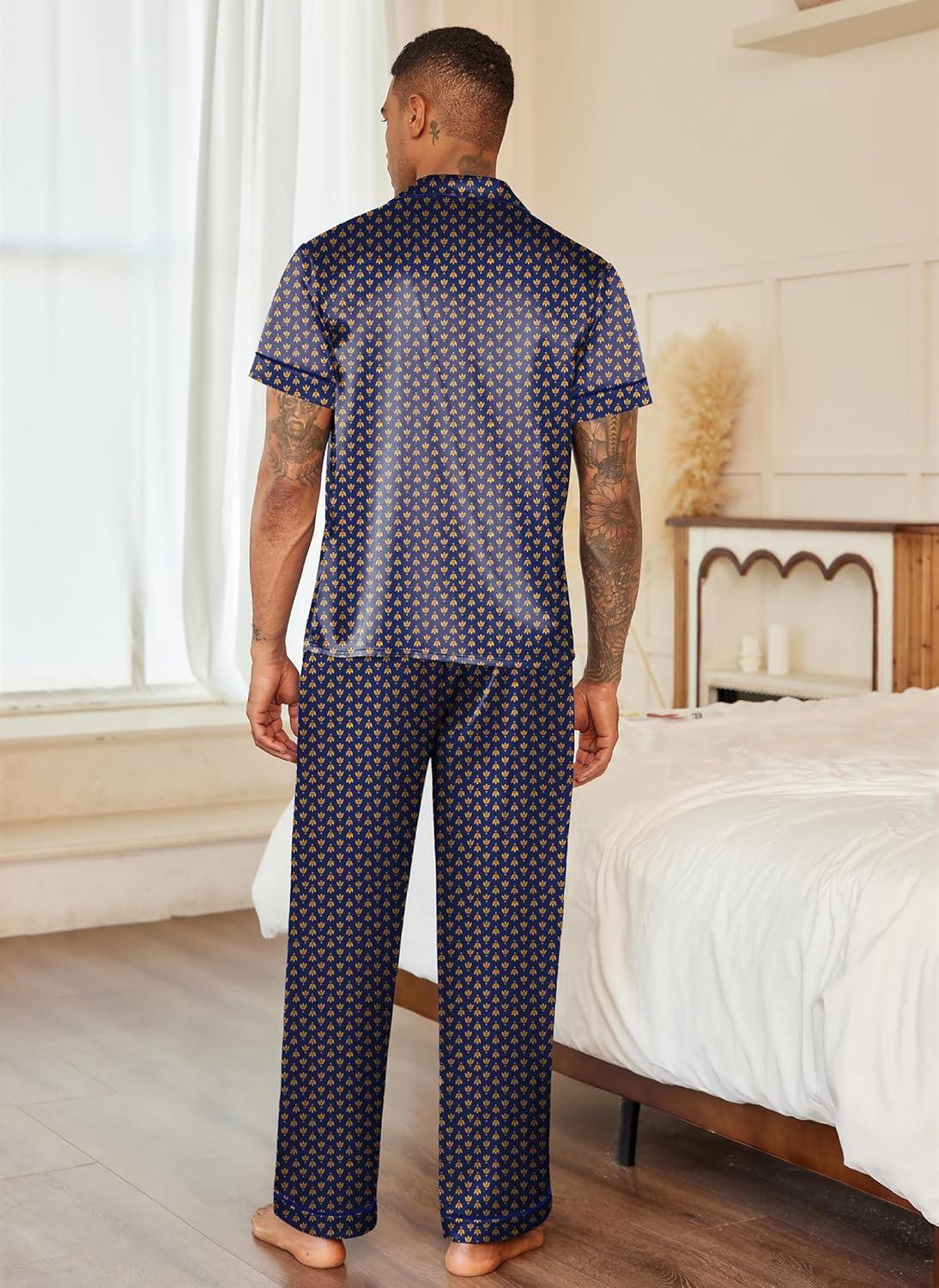 imageEkouaer Mens Satin Pajama Set Short Sleeve Button Down Sleepwear Classic Loungewear Set with Long PantsNavy Gold
