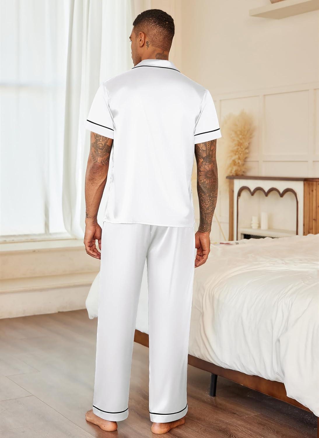 imageEkouaer Mens Satin Pajama Set Short Sleeve Button Down Sleepwear Classic Loungewear Set with Long PantsWhite