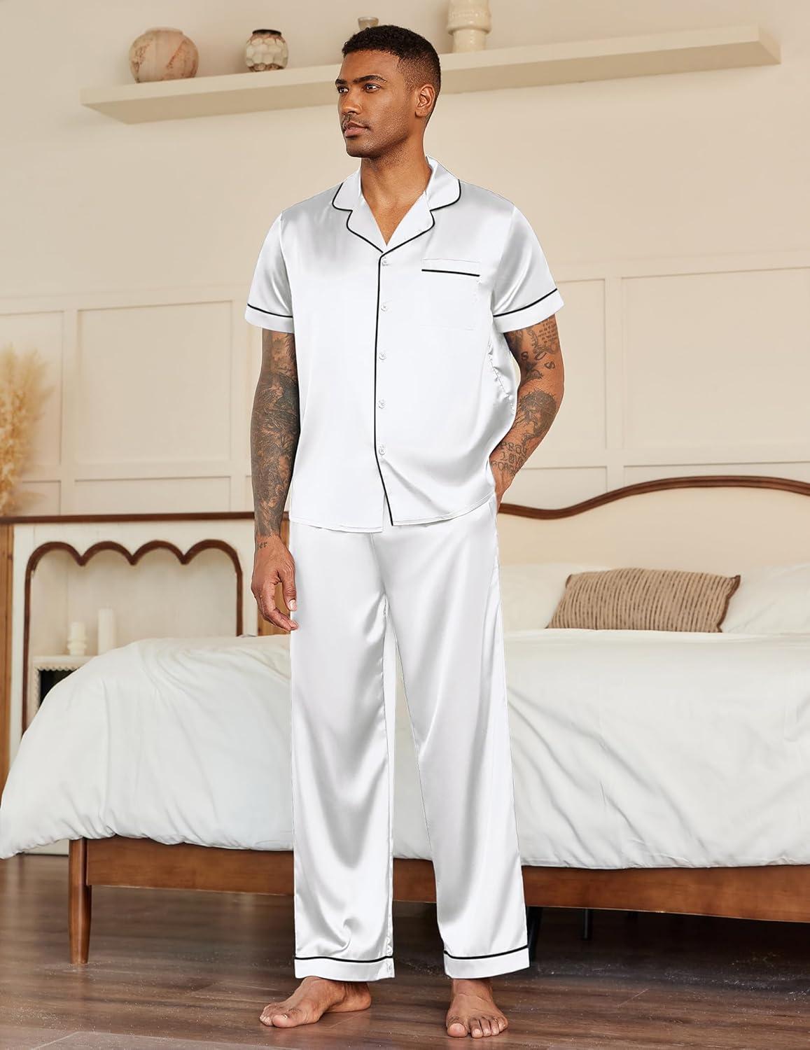 imageEkouaer Mens Satin Pajama Set Short Sleeve Button Down Sleepwear Classic Loungewear Set with Long PantsWhite