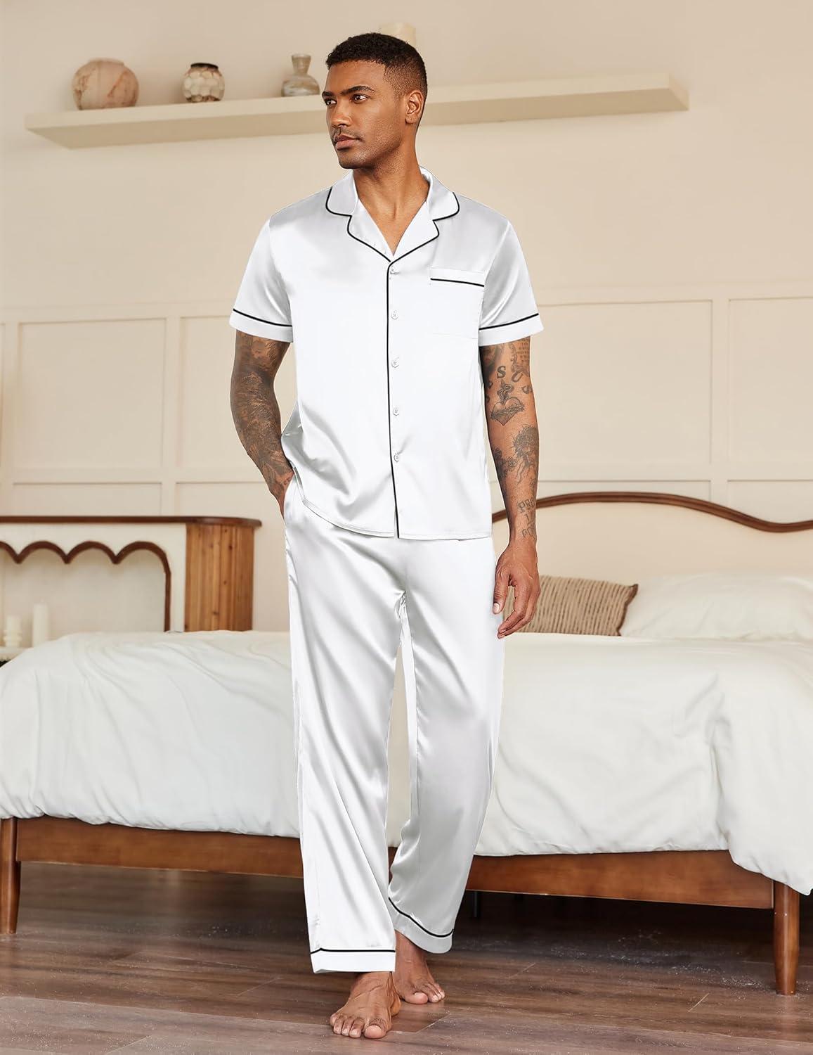 imageEkouaer Mens Satin Pajama Set Short Sleeve Button Down Sleepwear Classic Loungewear Set with Long PantsWhite