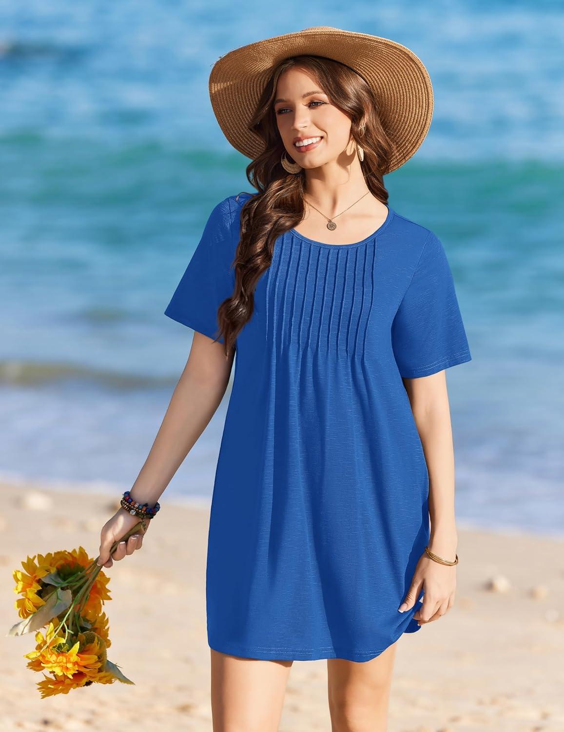 imageEkouaer Swimsuit Coverup for Women 2026 Short Sleeve Bathing Suit Cover Ups Beach Summer TShirt Dresses with PocketsBlue
