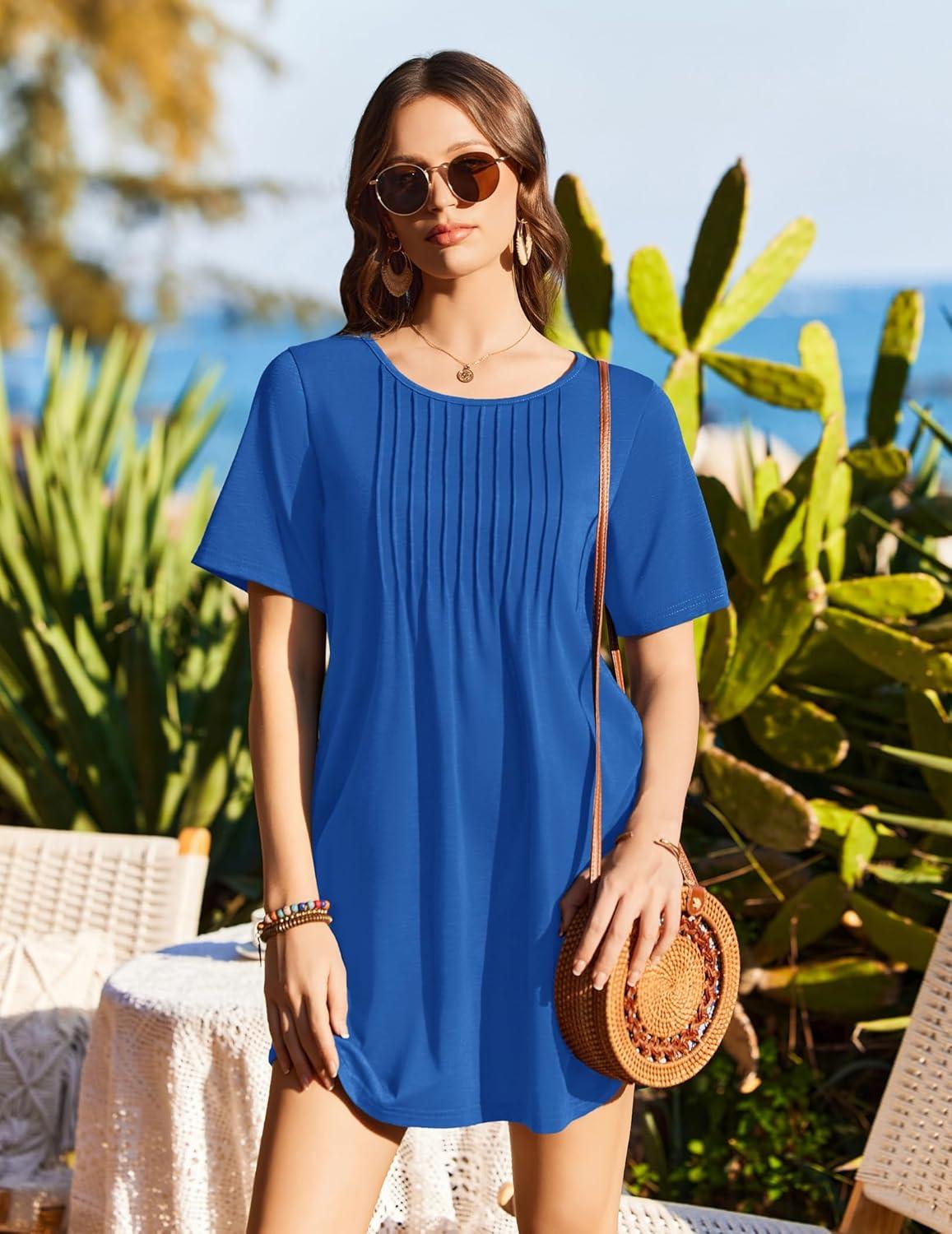 imageEkouaer Swimsuit Coverup for Women 2026 Short Sleeve Bathing Suit Cover Ups Beach Summer TShirt Dresses with PocketsBlue