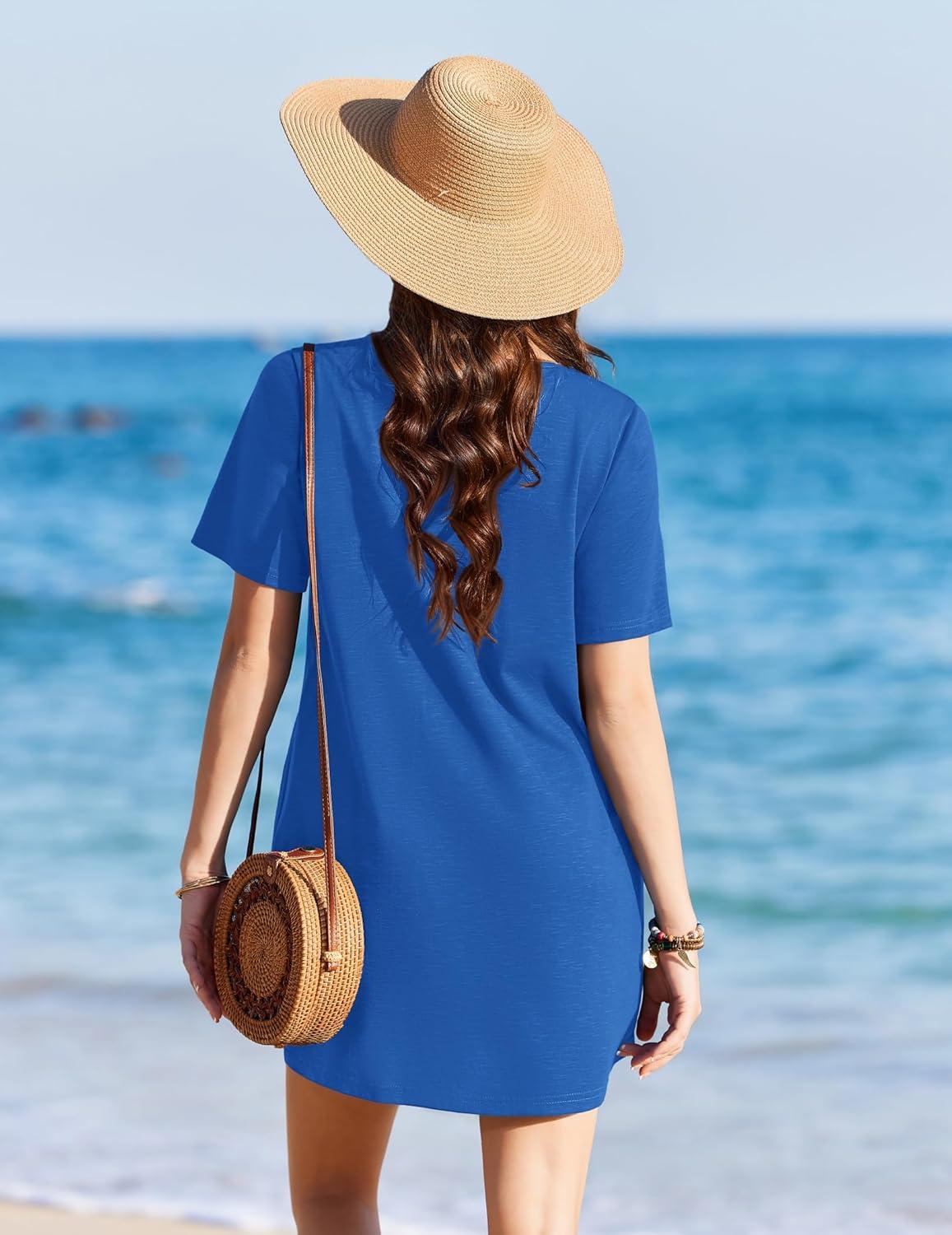 imageEkouaer Swimsuit Coverup for Women 2026 Short Sleeve Bathing Suit Cover Ups Beach Summer TShirt Dresses with PocketsBlue