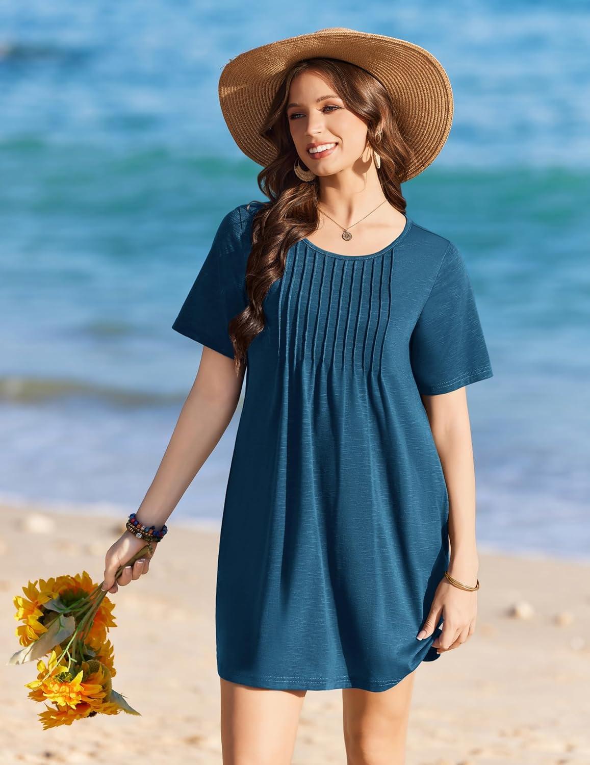 imageEkouaer Swimsuit Coverup for Women 2026 Short Sleeve Bathing Suit Cover Ups Beach Summer TShirt Dresses with PocketsGrey Blue