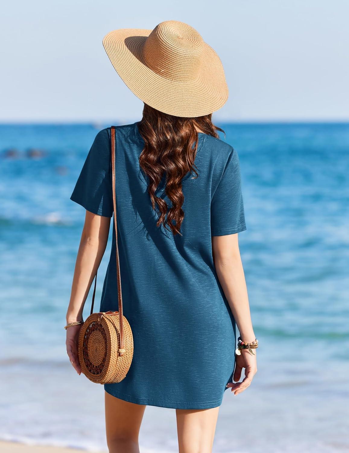 imageEkouaer Swimsuit Coverup for Women 2026 Short Sleeve Bathing Suit Cover Ups Beach Summer TShirt Dresses with PocketsGrey Blue