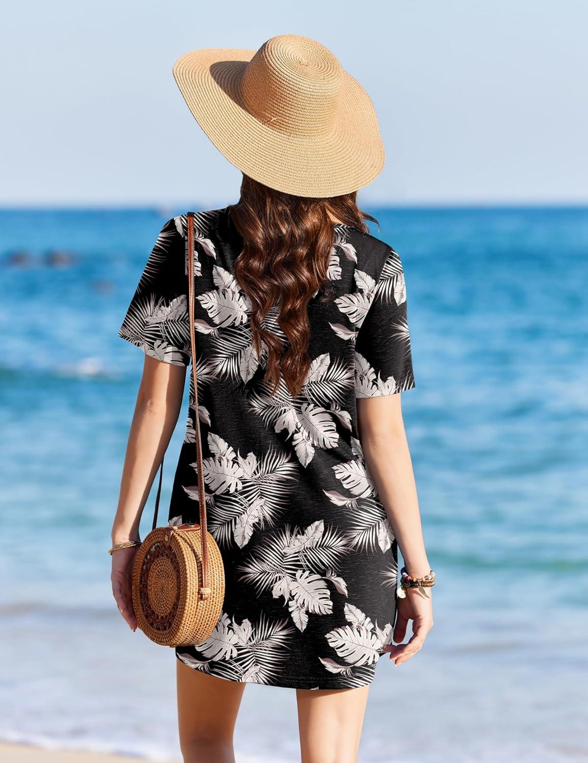 imageEkouaer Swimsuit Coverup for Women 2026 Short Sleeve Bathing Suit Cover Ups Beach Summer TShirt Dresses with PocketsKhaki Black Leaf