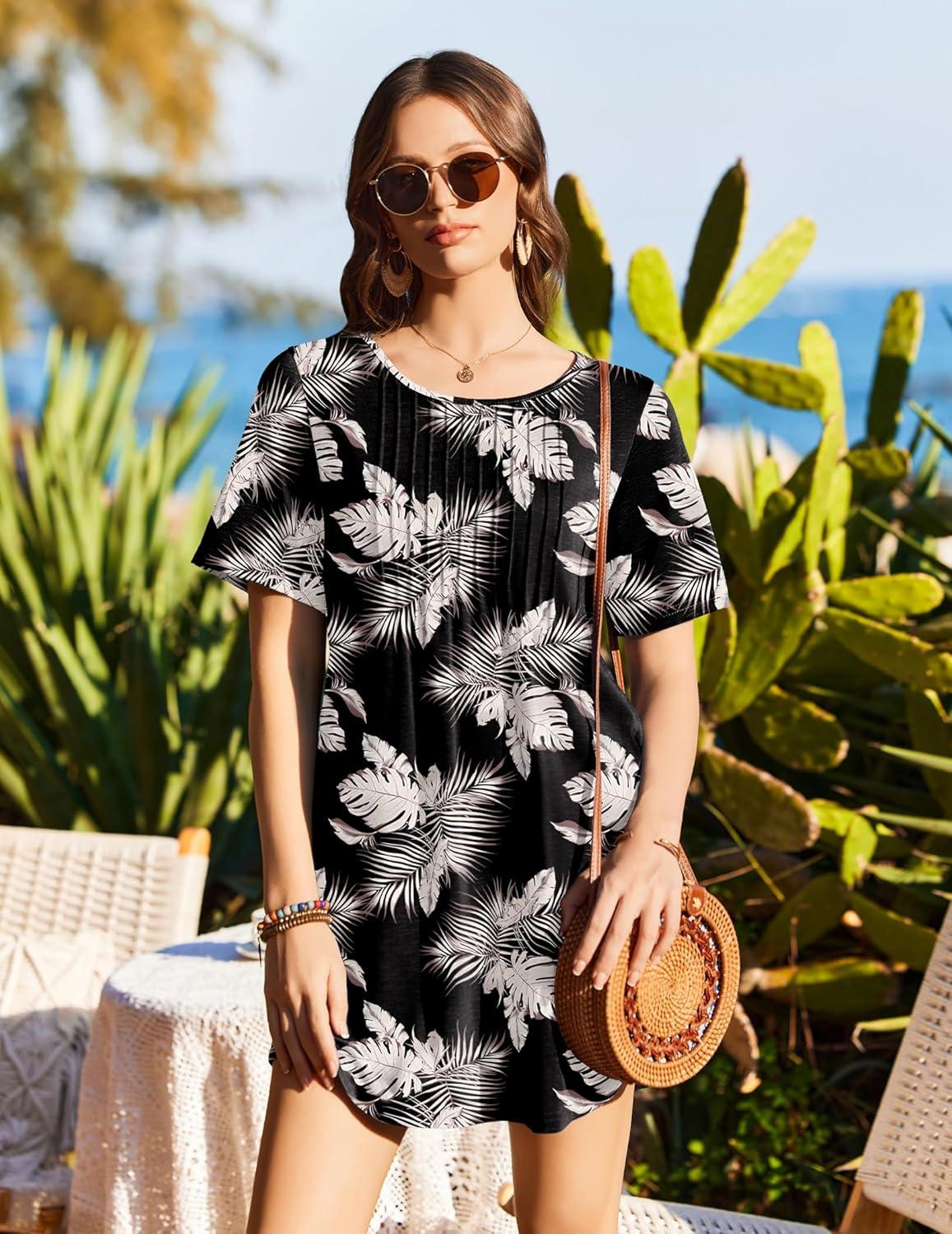 imageEkouaer Swimsuit Coverup for Women 2026 Short Sleeve Bathing Suit Cover Ups Beach Summer TShirt Dresses with PocketsKhaki Black Leaf