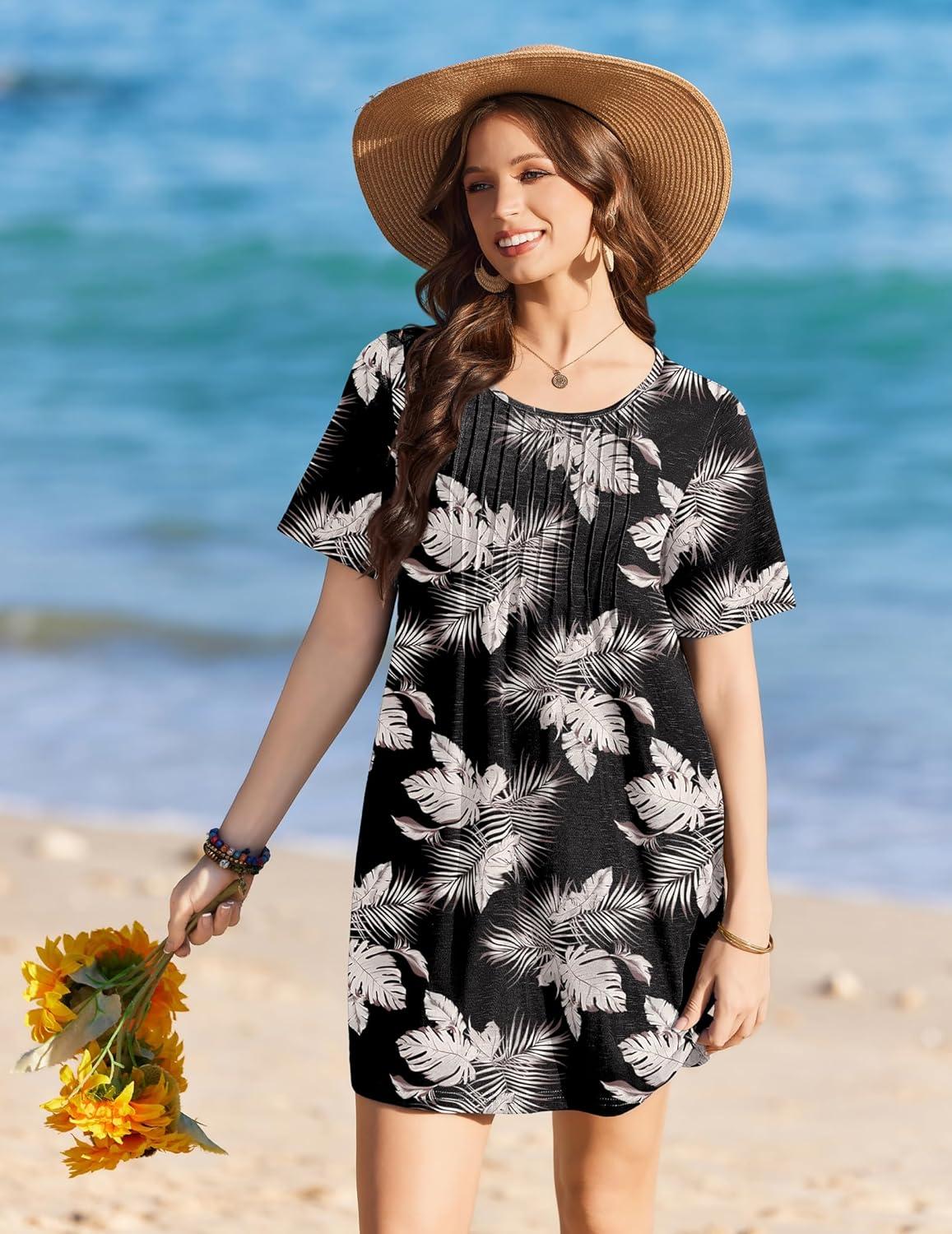 imageEkouaer Swimsuit Coverup for Women 2026 Short Sleeve Bathing Suit Cover Ups Beach Summer TShirt Dresses with PocketsKhaki Black Leaf