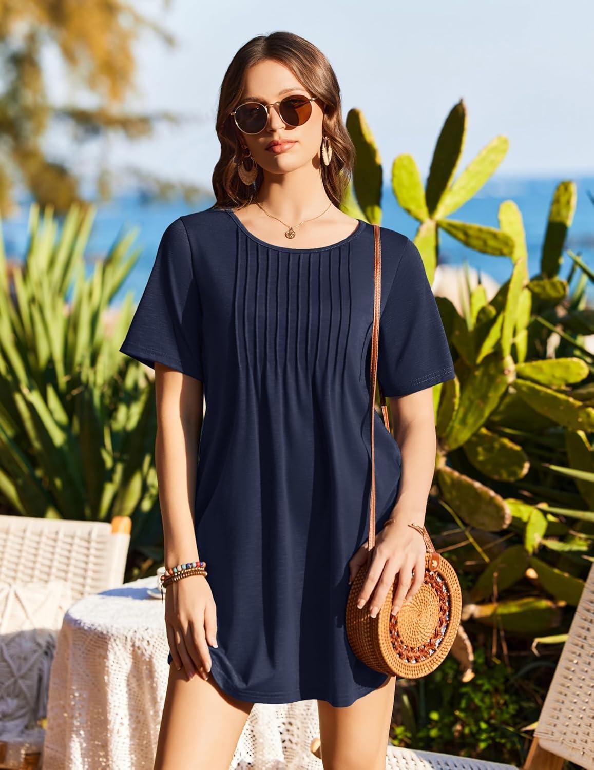 imageEkouaer Swimsuit Coverup for Women 2026 Short Sleeve Bathing Suit Cover Ups Beach Summer TShirt Dresses with PocketsNavy Blue