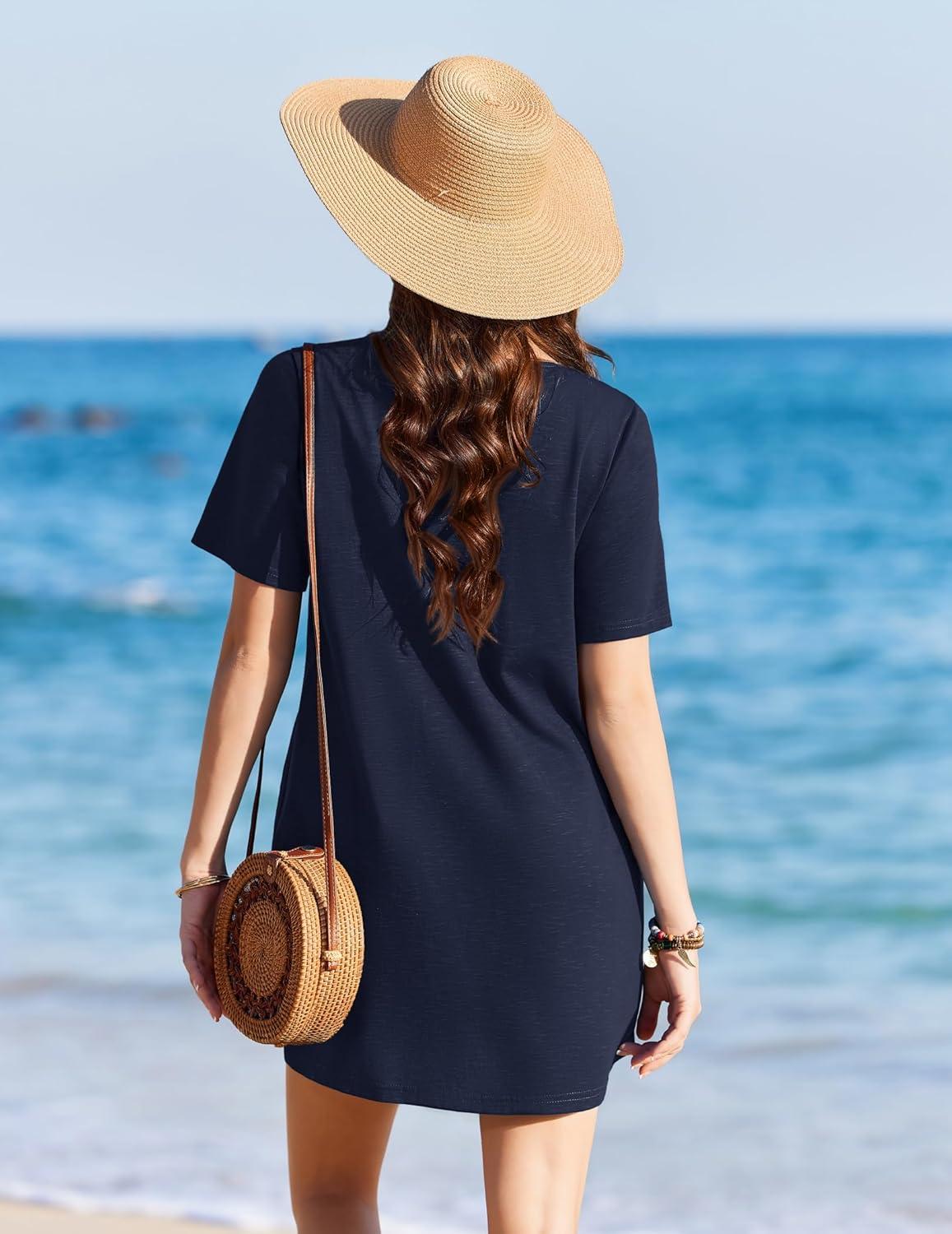 imageEkouaer Swimsuit Coverup for Women 2026 Short Sleeve Bathing Suit Cover Ups Beach Summer TShirt Dresses with PocketsNavy Blue