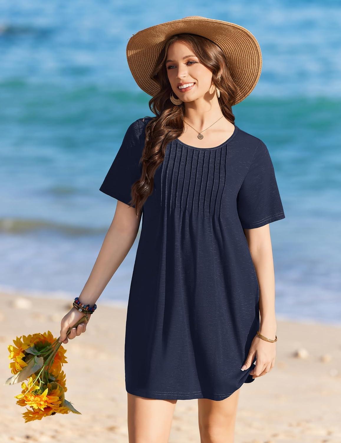 imageEkouaer Swimsuit Coverup for Women 2026 Short Sleeve Bathing Suit Cover Ups Beach Summer TShirt Dresses with PocketsNavy Blue