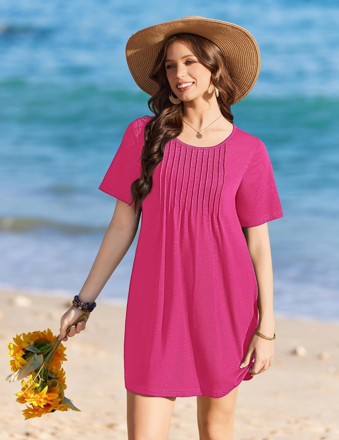 imageEkouaer Swimsuit Coverup for Women 2026 Short Sleeve Bathing Suit Cover Ups Beach Summer TShirt Dresses with PocketsRose Red