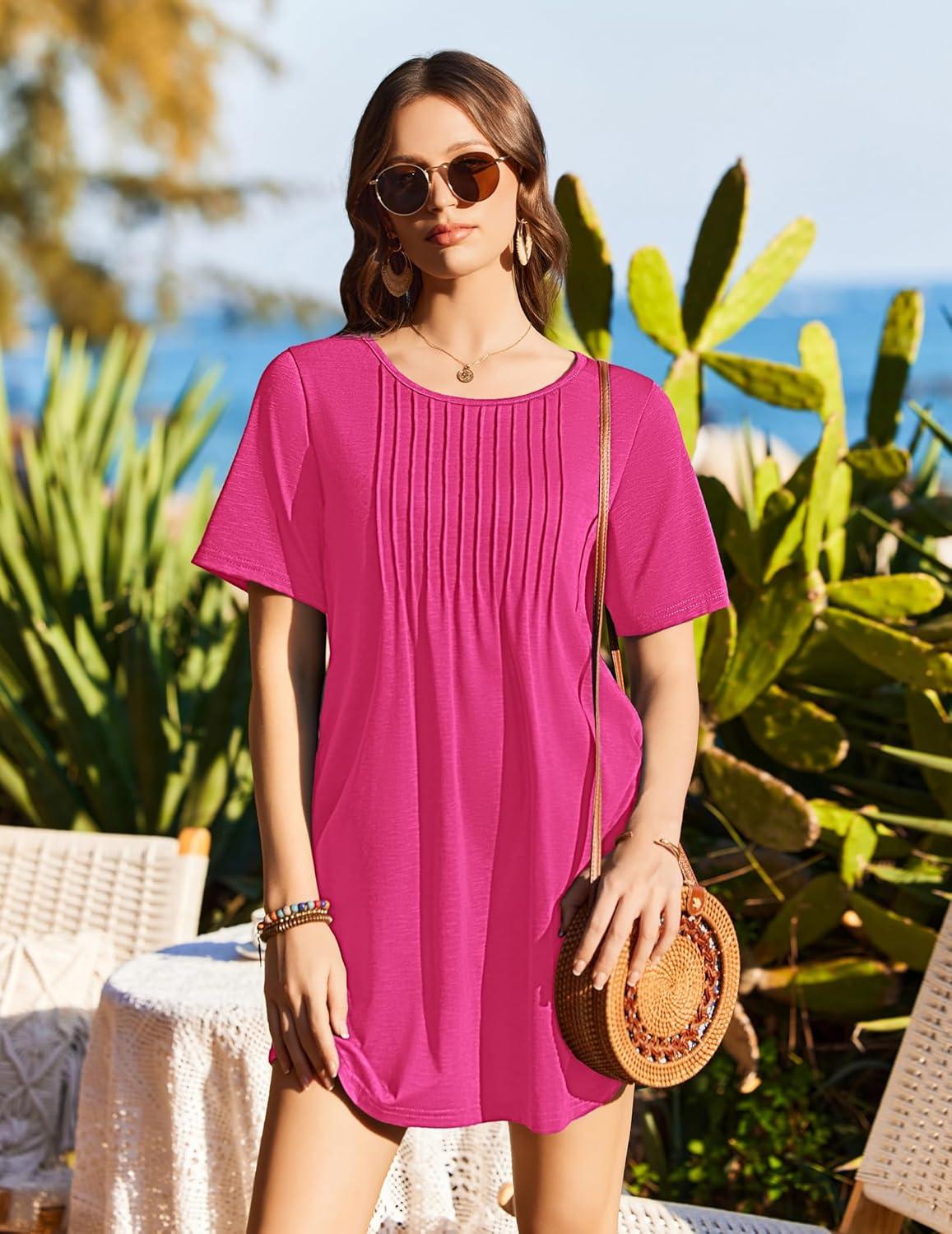 imageEkouaer Swimsuit Coverup for Women 2026 Short Sleeve Bathing Suit Cover Ups Beach Summer TShirt Dresses with PocketsRose Red