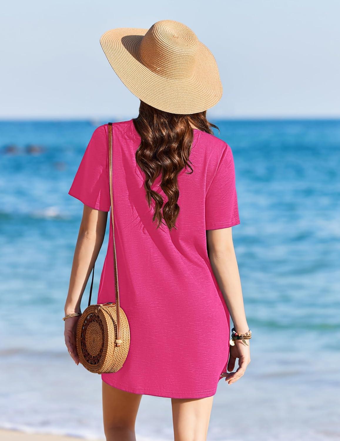 imageEkouaer Swimsuit Coverup for Women 2026 Short Sleeve Bathing Suit Cover Ups Beach Summer TShirt Dresses with PocketsRose Red