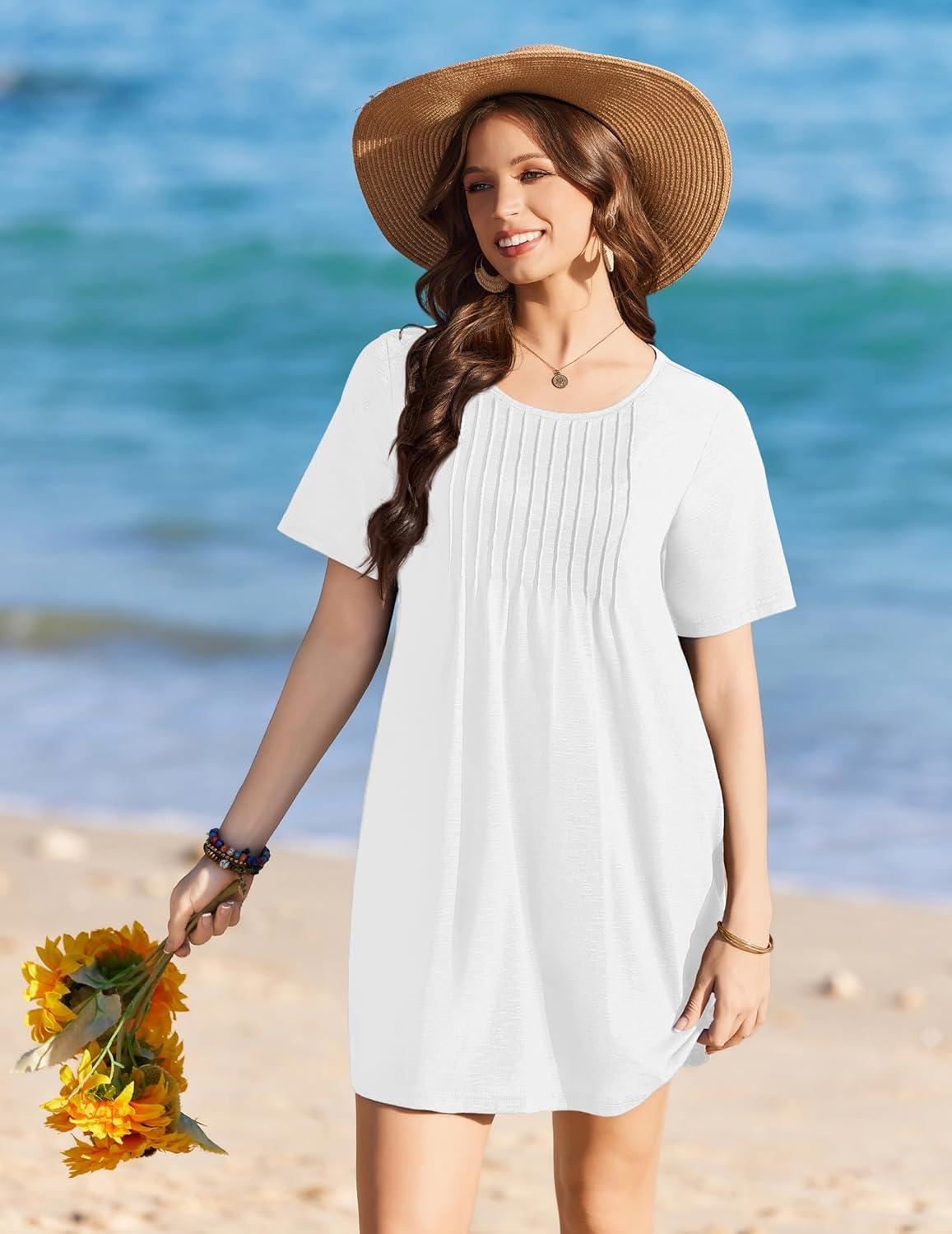 imageEkouaer Swimsuit Coverup for Women 2026 Short Sleeve Bathing Suit Cover Ups Beach Summer TShirt Dresses with PocketsWhite