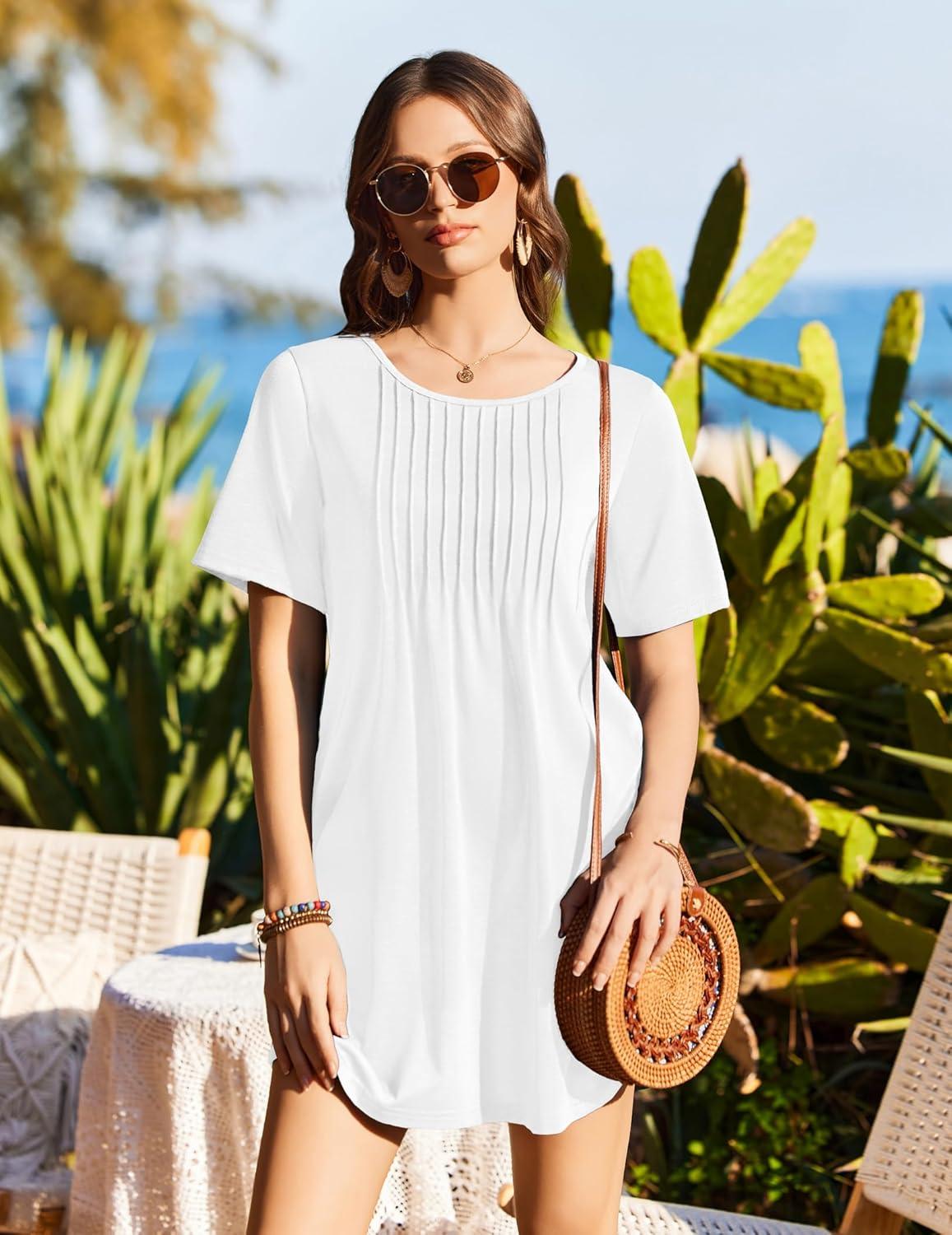 imageEkouaer Swimsuit Coverup for Women 2026 Short Sleeve Bathing Suit Cover Ups Beach Summer TShirt Dresses with PocketsWhite