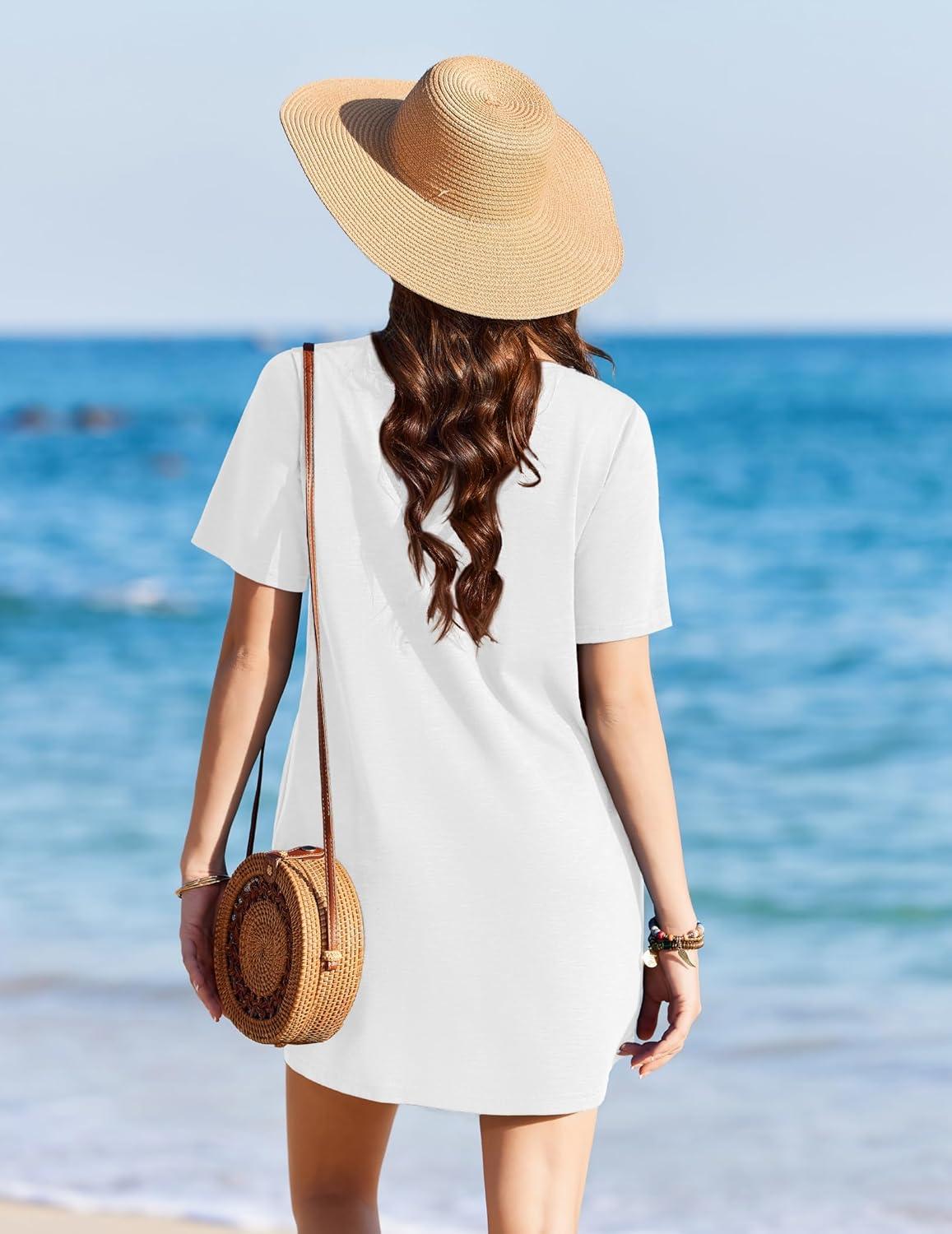 imageEkouaer Swimsuit Coverup for Women 2026 Short Sleeve Bathing Suit Cover Ups Beach Summer TShirt Dresses with PocketsWhite