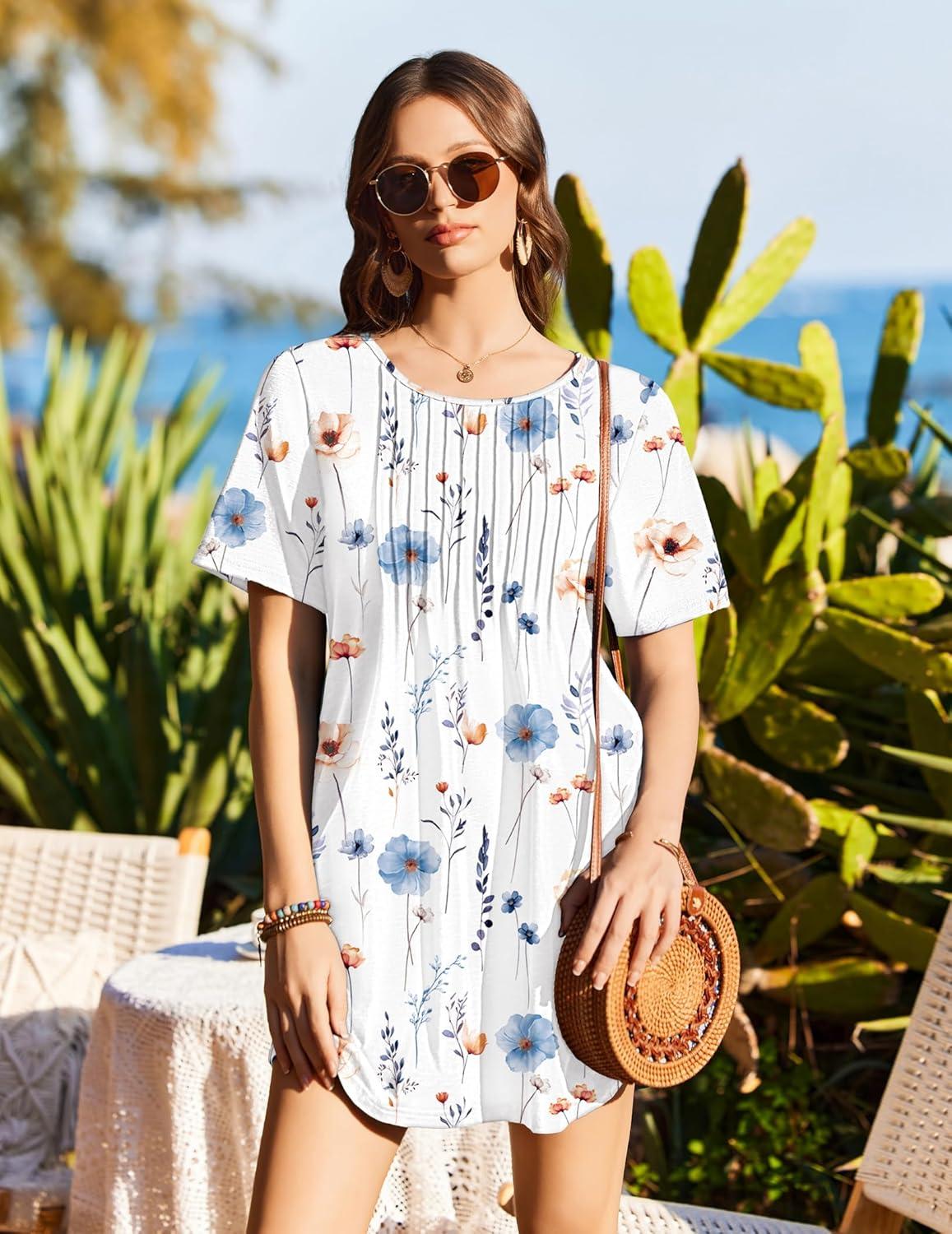 imageEkouaer Swimsuit Coverup for Women 2026 Short Sleeve Bathing Suit Cover Ups Beach Summer TShirt Dresses with PocketsWhite Floral