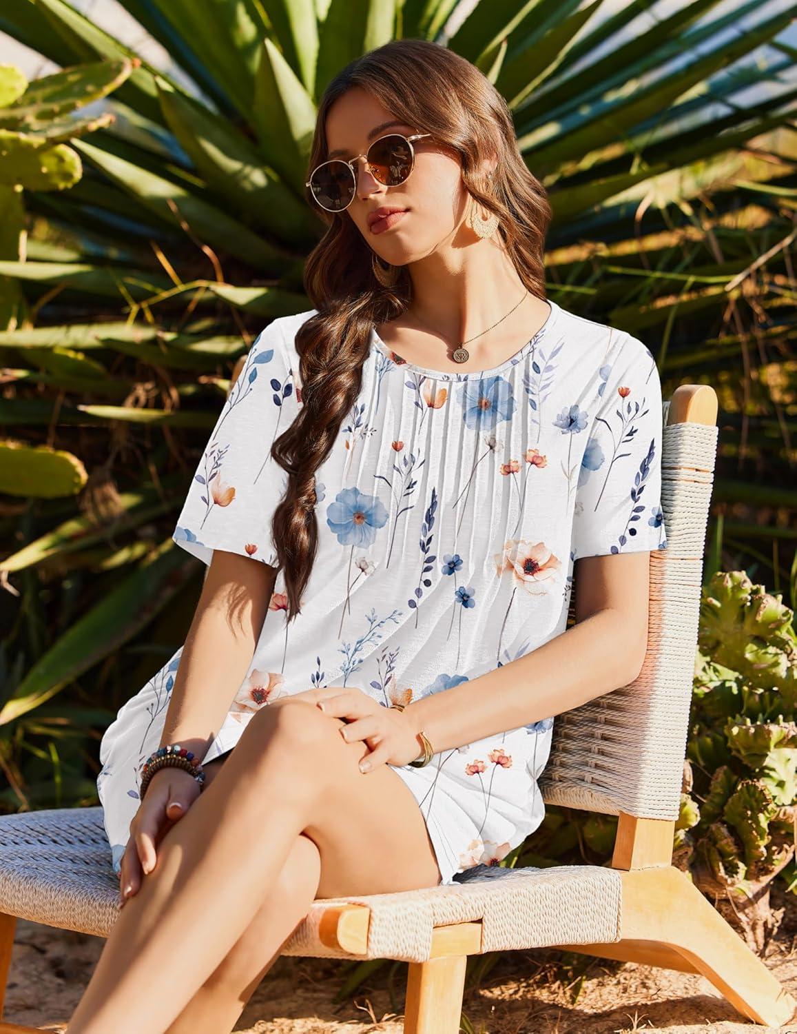 imageEkouaer Swimsuit Coverup for Women 2026 Short Sleeve Bathing Suit Cover Ups Beach Summer TShirt Dresses with PocketsWhite Floral