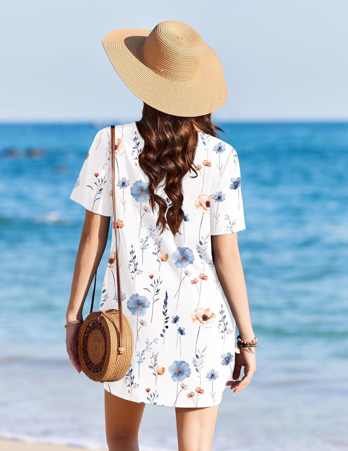 imageEkouaer Swimsuit Coverup for Women 2026 Short Sleeve Bathing Suit Cover Ups Beach Summer TShirt Dresses with PocketsWhite Floral