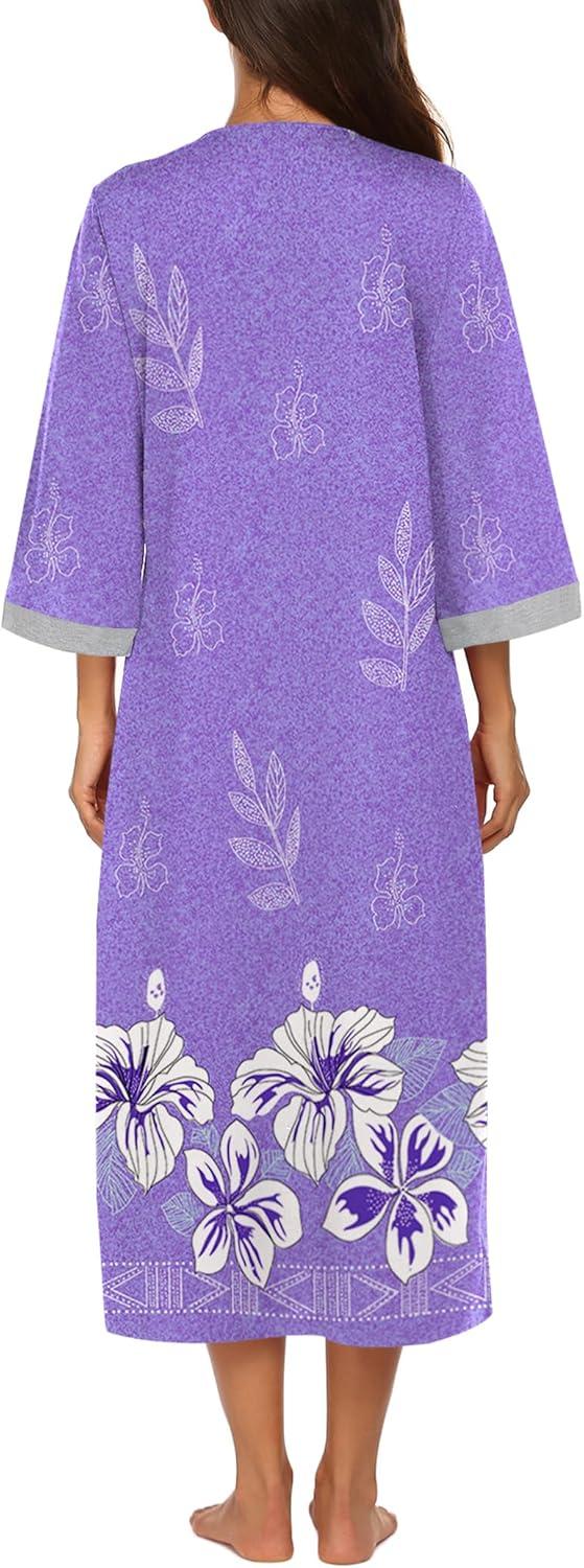 imageEkouaer Women Zipper Robe 34 Sleeves Loungewear Dress Full Length Sleepwear Pockets Housecoat Nightgown Long BathrobePurple Flower