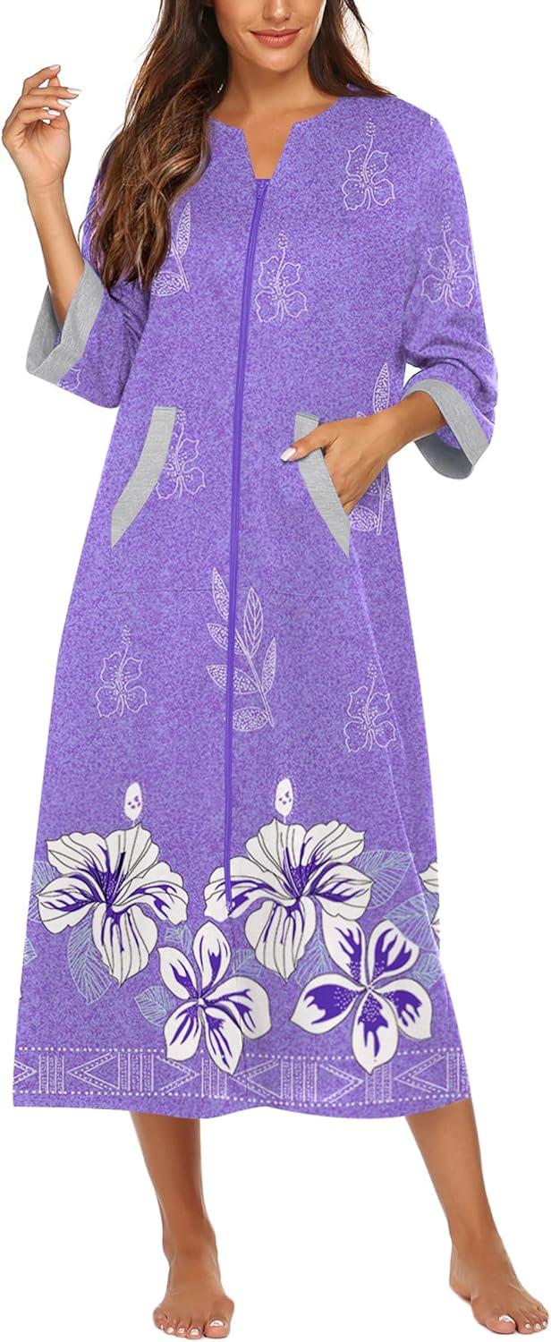 imageEkouaer Women Zipper Robe 34 Sleeves Loungewear Dress Full Length Sleepwear Pockets Housecoat Nightgown Long BathrobePurple Flower