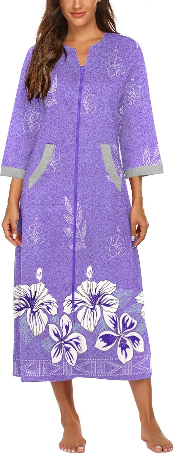 imageEkouaer Women Zipper Robe 34 Sleeves Loungewear Dress Full Length Sleepwear Pockets Housecoat Nightgown Long BathrobePurple Flower
