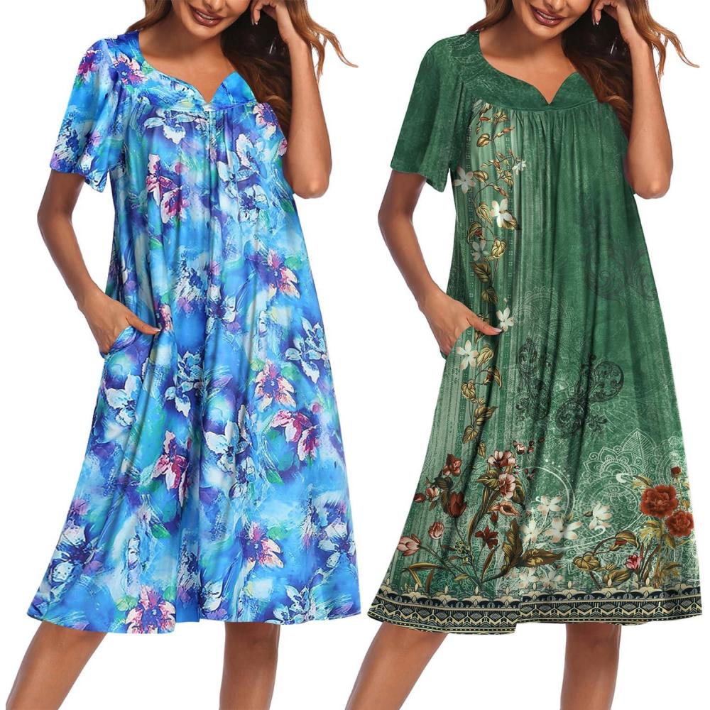 imageEkouaer 2 Pack House Dresses for Women with Pockets Short Sleeve Moo Moos Floral Print Mumu DressesBlue Floral Floral Green