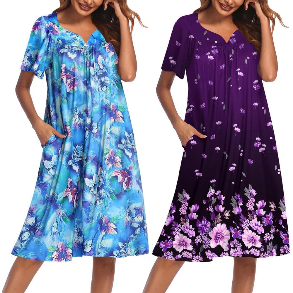 imageEkouaer 2 Pack House Dresses for Women with Pockets Short Sleeve Moo Moos Floral Print Mumu DressesBlue FloralPurple Black Floral