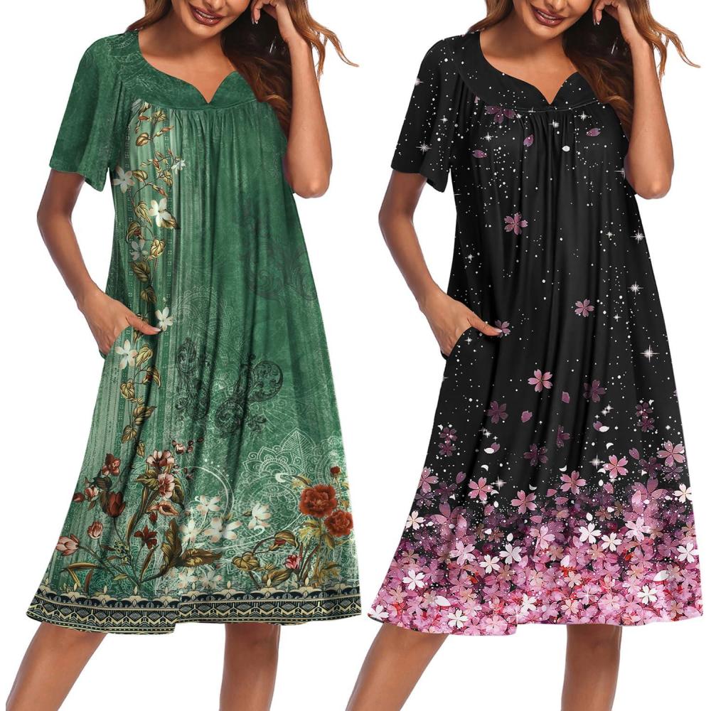imageEkouaer 2 Pack House Dresses for Women with Pockets Short Sleeve Moo Moos Floral Print Mumu DressesFloral GreenCherry Blossomsl