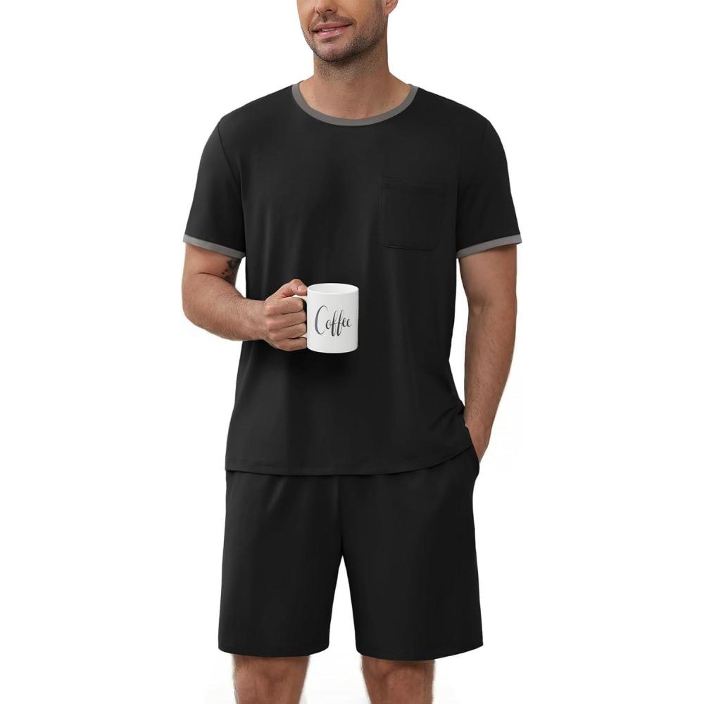 imageEkouaer Mens Pajamas Sets Shorts Soft Short Sleeve Pjs Breathable Quick Dry Summer Sleepwear Casual Lounge Sets with PocketsBlack
