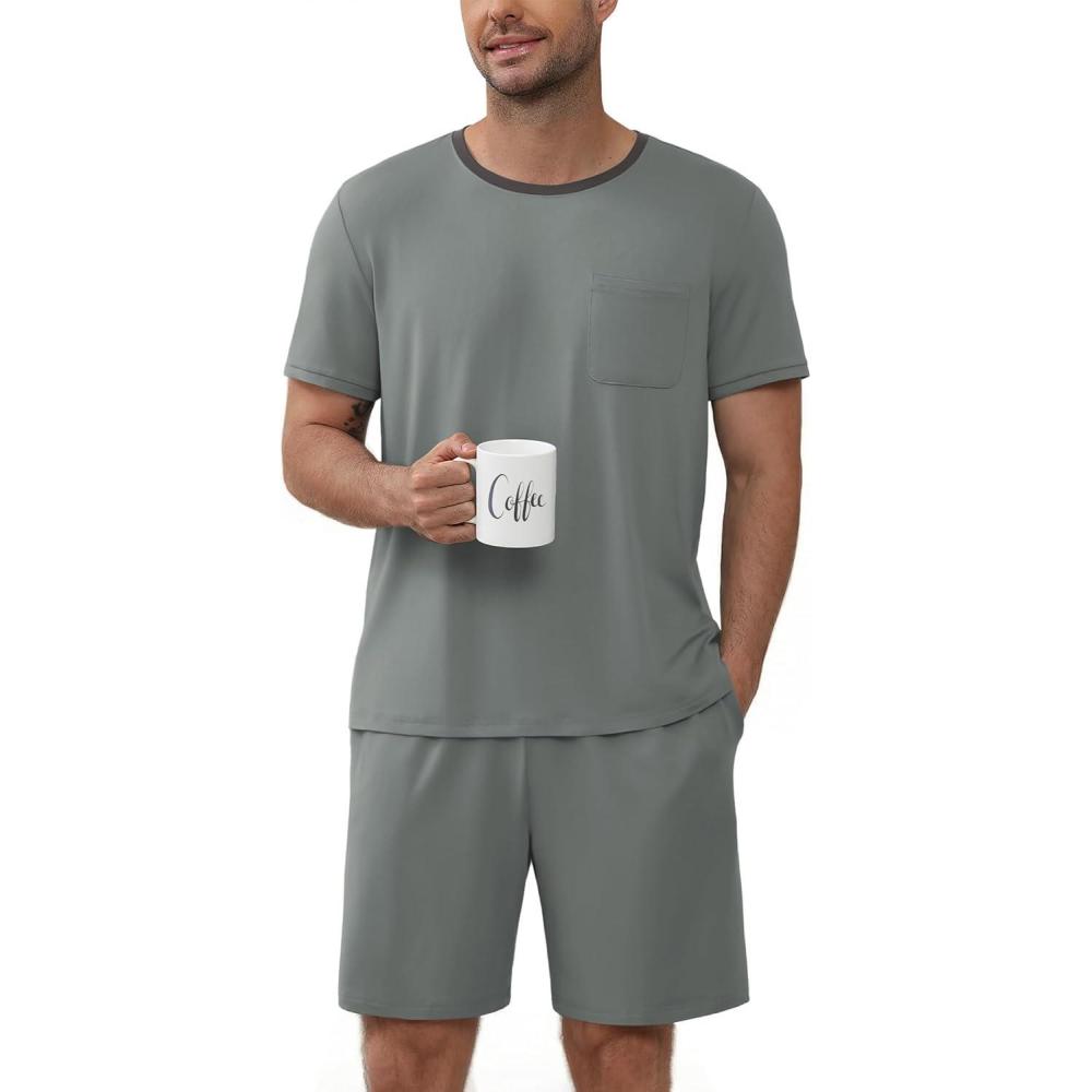 imageEkouaer Mens Pajamas Sets Shorts Soft Short Sleeve Pjs Breathable Quick Dry Summer Sleepwear Casual Lounge Sets with PocketsSage Green