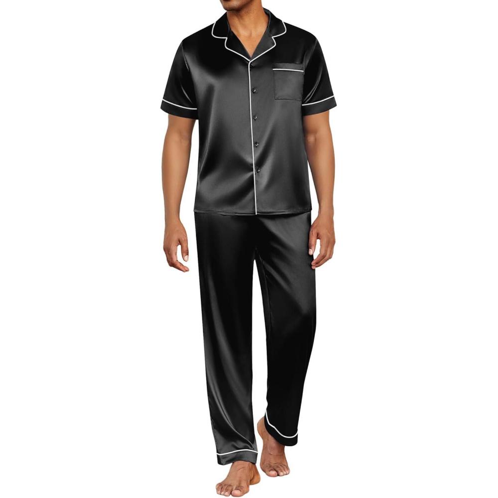 imageEkouaer Mens Satin Pajama Set Short Sleeve Button Down Sleepwear Classic Loungewear Set with Long PantsBlack