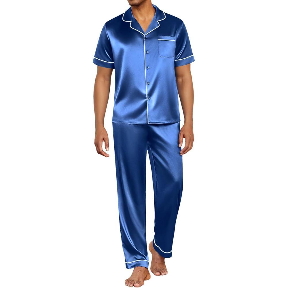 imageEkouaer Mens Satin Pajama Set Short Sleeve Button Down Sleepwear Classic Loungewear Set with Long PantsBlue
