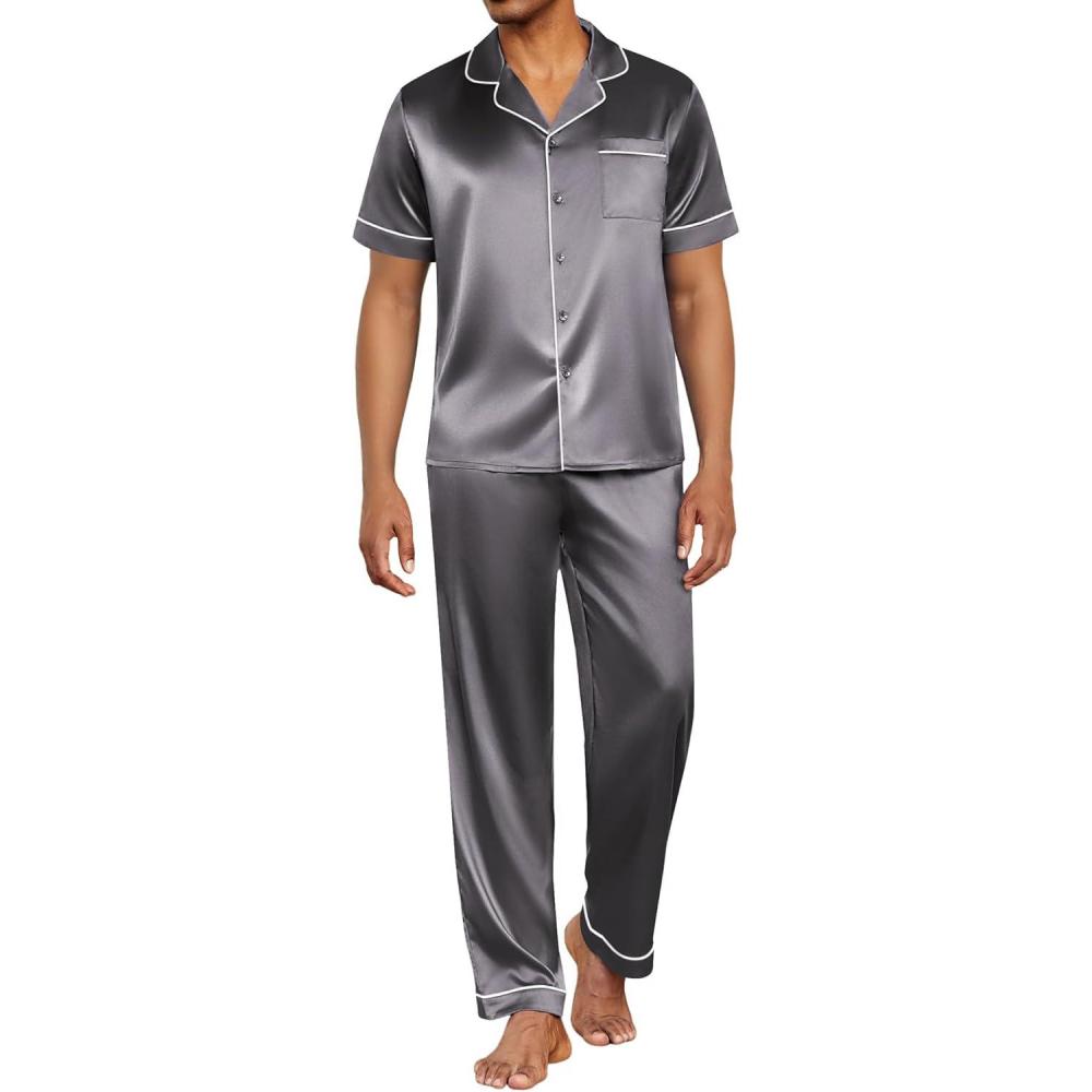 imageEkouaer Mens Satin Pajama Set Short Sleeve Button Down Sleepwear Classic Loungewear Set with Long PantsDark Grey