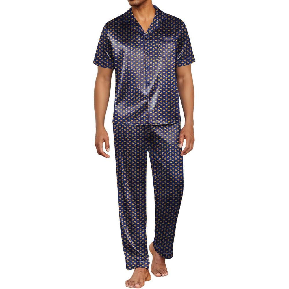 imageEkouaer Mens Satin Pajama Set Short Sleeve Button Down Sleepwear Classic Loungewear Set with Long PantsNavy Gold