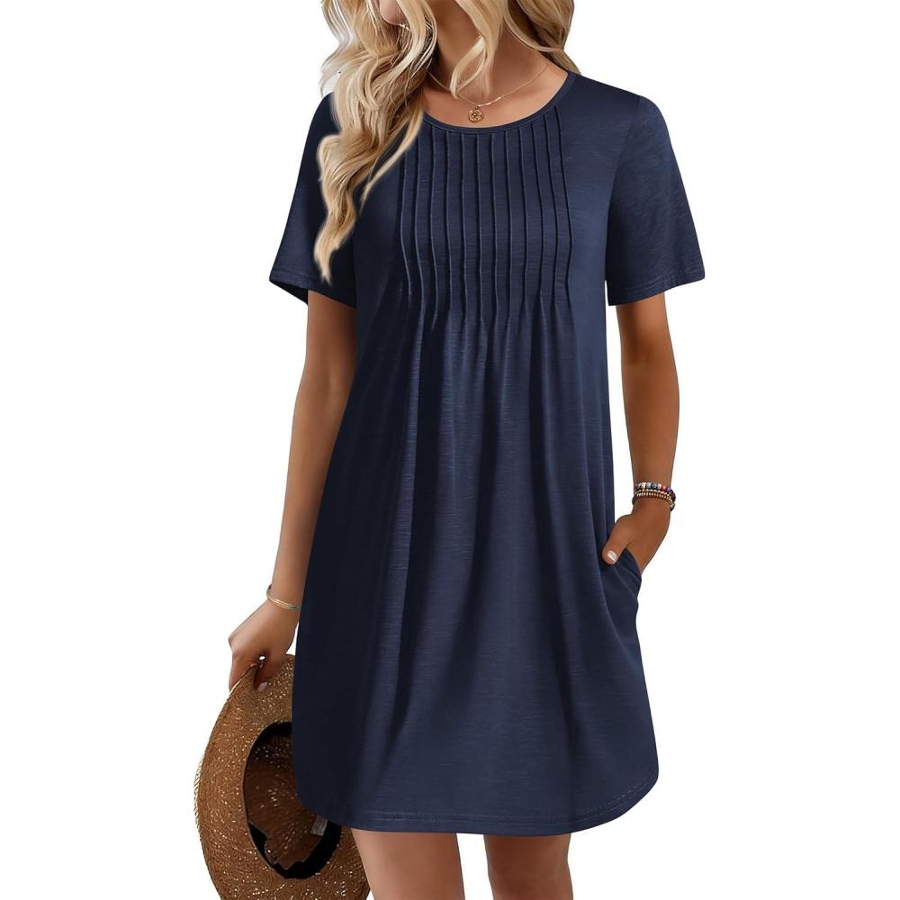 imageEkouaer Swimsuit Coverup for Women 2026 Short Sleeve Bathing Suit Cover Ups Beach Summer TShirt Dresses with PocketsNavy Blue