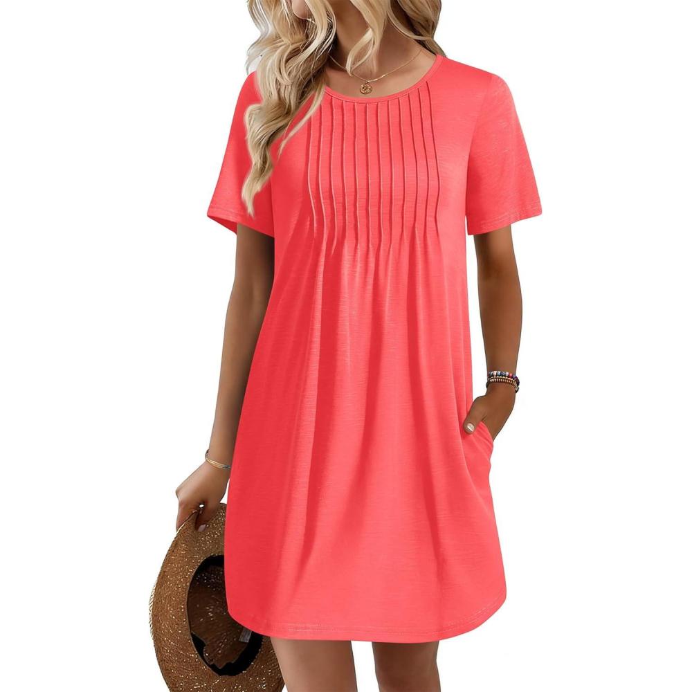 imageEkouaer Swimsuit Coverup for Women 2026 Short Sleeve Bathing Suit Cover Ups Beach Summer TShirt Dresses with PocketsOrange Pink