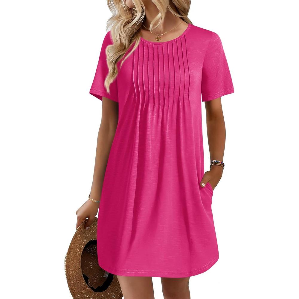 imageEkouaer Swimsuit Coverup for Women 2026 Short Sleeve Bathing Suit Cover Ups Beach Summer TShirt Dresses with PocketsRose Red