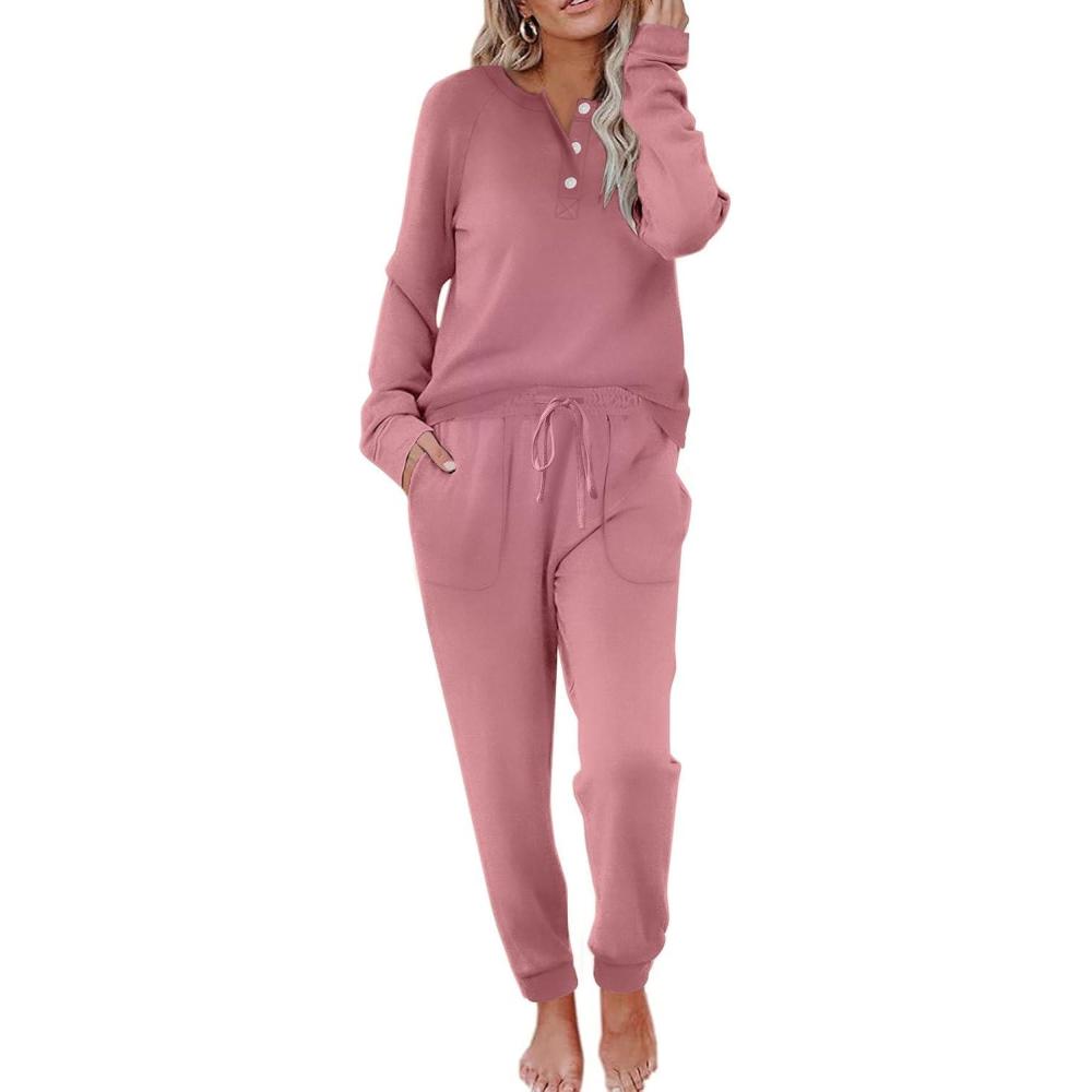 imageEkouaer Womens Pajamas Long Sleeve Jogger Sets Comfy Pjs Soft Loungewear 2 Piece Lounge Sets with Pockets SXXLOld Rose