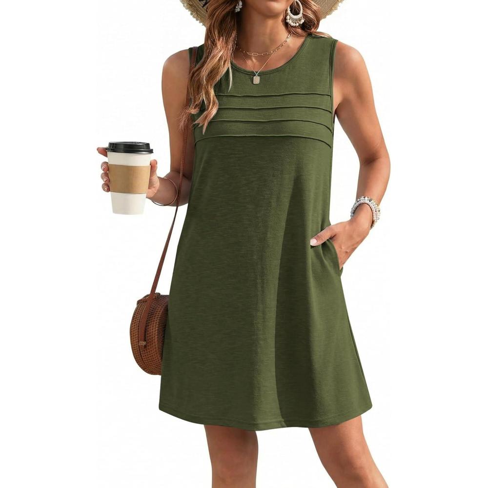 imageEkouaer Womens Swimsuit Cover Up Pleated Front Bathing Suit Coverups 2026 Casual Tank Beach Dress with Pockets S2XLArmy Green