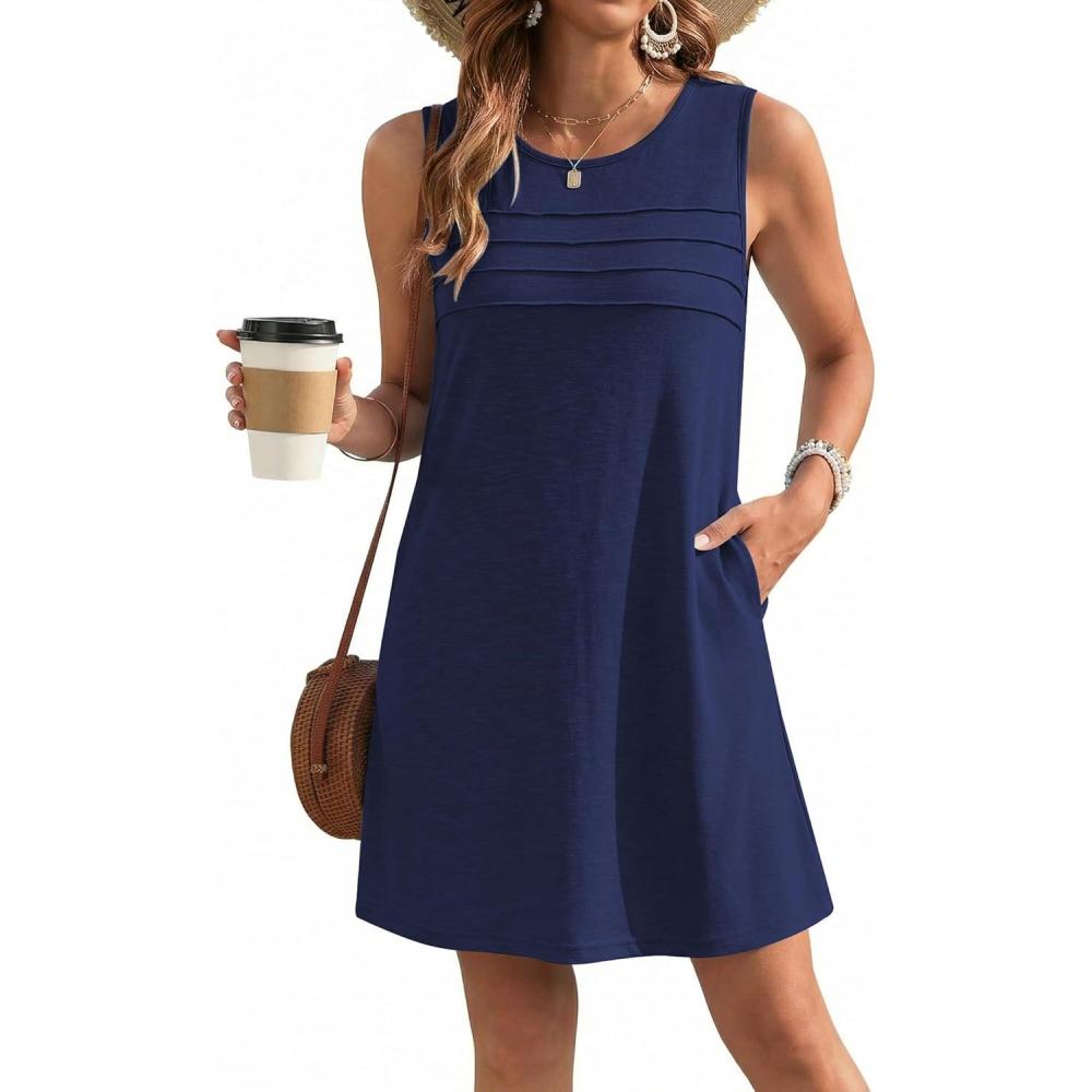 imageEkouaer Womens Swimsuit Cover Up Pleated Front Bathing Suit Coverups 2026 Casual Tank Beach Dress with Pockets S2XLNavy Blue