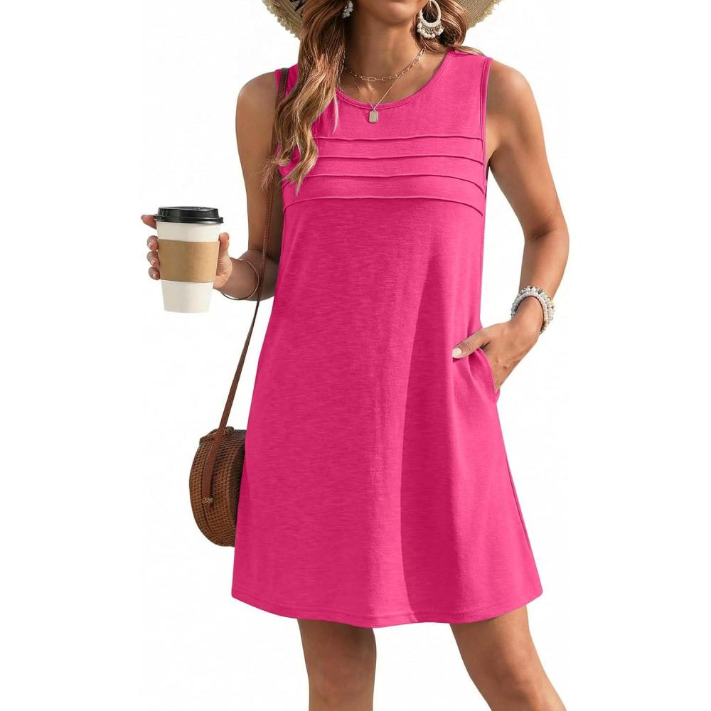 imageEkouaer Womens Swimsuit Cover Up Pleated Front Bathing Suit Coverups 2026 Casual Tank Beach Dress with Pockets S2XLRose Red