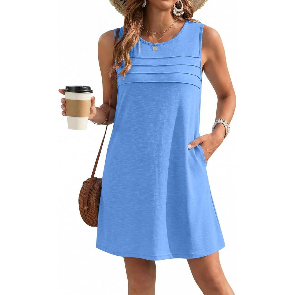 imageEkouaer Womens Swimsuit Cover Up Pleated Front Bathing Suit Coverups 2026 Casual Tank Beach Dress with Pockets S2XLSky Blue